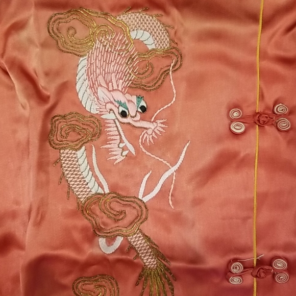 Asian Hand Embroidered Gold Dragon Red Silk Pajama Slippers Box Ensemble Size S - Picture 13 of 16